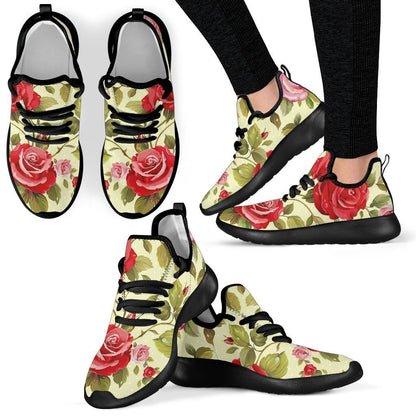 Red Pink Rose Floral Pattern Print Mesh Knit Shoes GearFrost