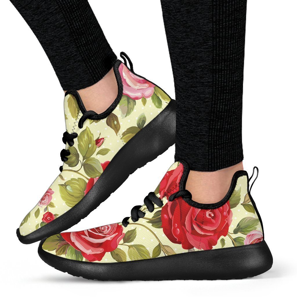 Red Pink Rose Floral Pattern Print Mesh Knit Shoes GearFrost