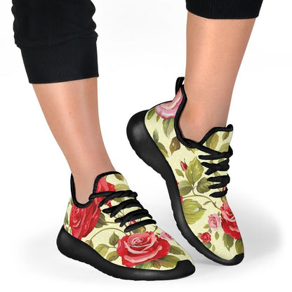 Red Pink Rose Floral Pattern Print Mesh Knit Shoes GearFrost