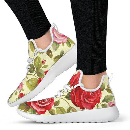 Red Pink Rose Floral Pattern Print Mesh Knit Shoes GearFrost