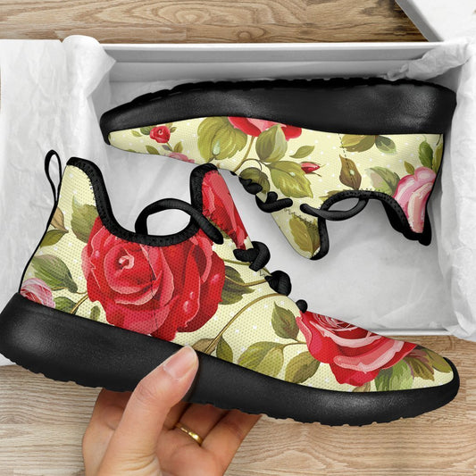 Red Pink Rose Floral Pattern Print Mesh Knit Shoes GearFrost