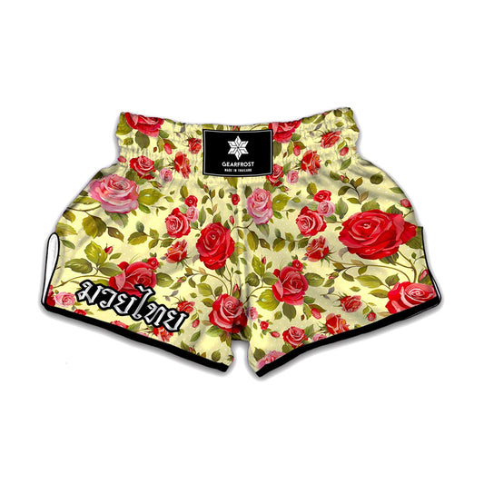 Red Pink Rose Floral Pattern Print Muay Thai Boxing Shorts