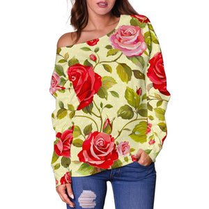 Red Pink Rose Floral Pattern Print Off Shoulder Sweatshirt GearFrost