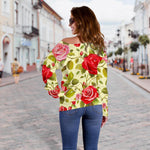 Red Pink Rose Floral Pattern Print Off Shoulder Sweatshirt GearFrost