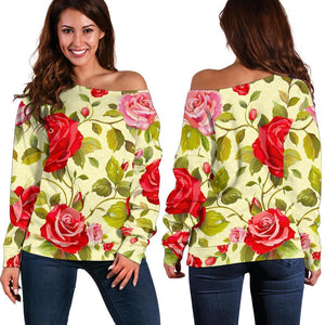 Red Pink Rose Floral Pattern Print Off Shoulder Sweatshirt GearFrost