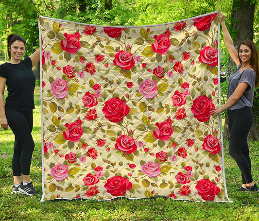 Red Pink Rose Floral Pattern Print Quilt