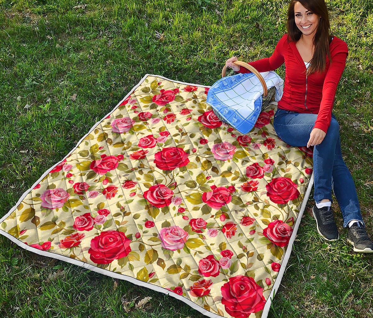 Red Pink Rose Floral Pattern Print Quilt