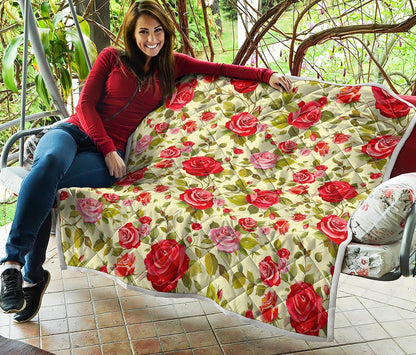 Red Pink Rose Floral Pattern Print Quilt