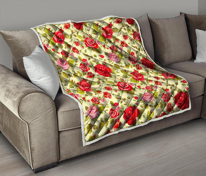 Red Pink Rose Floral Pattern Print Quilt