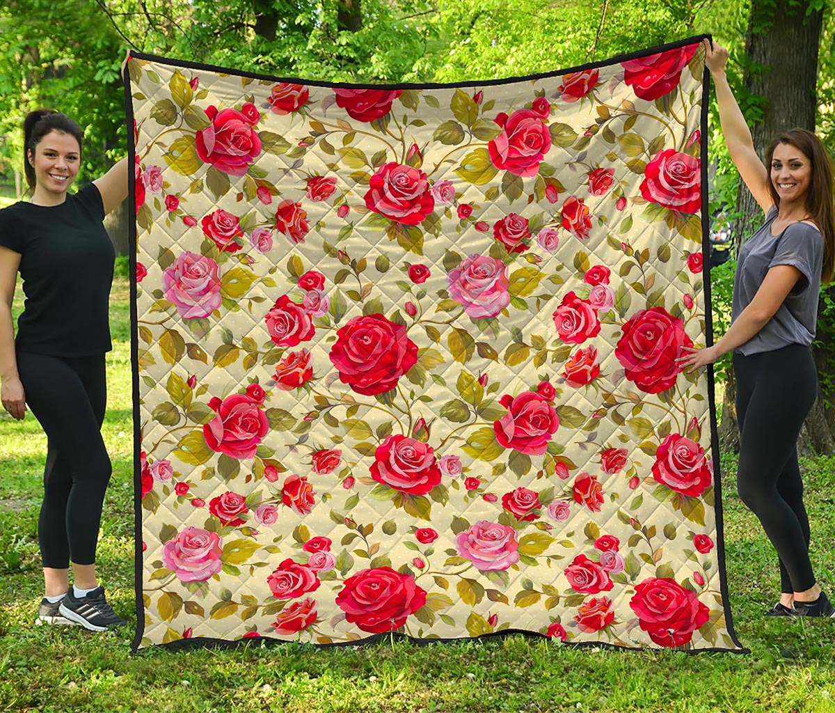 Red Pink Rose Floral Pattern Print Quilt