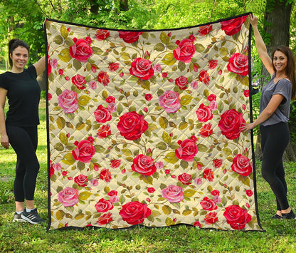 Red Pink Rose Floral Pattern Print Quilt