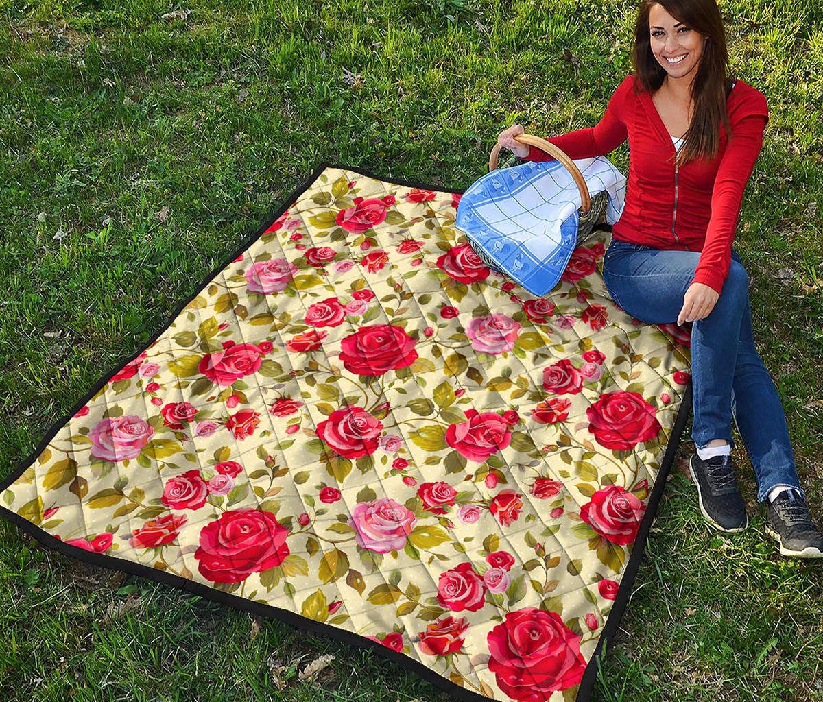 Red Pink Rose Floral Pattern Print Quilt