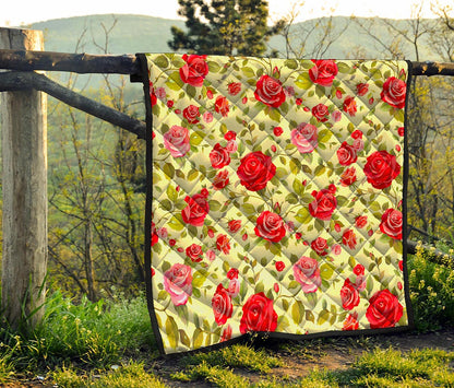 Red Pink Rose Floral Pattern Print Quilt