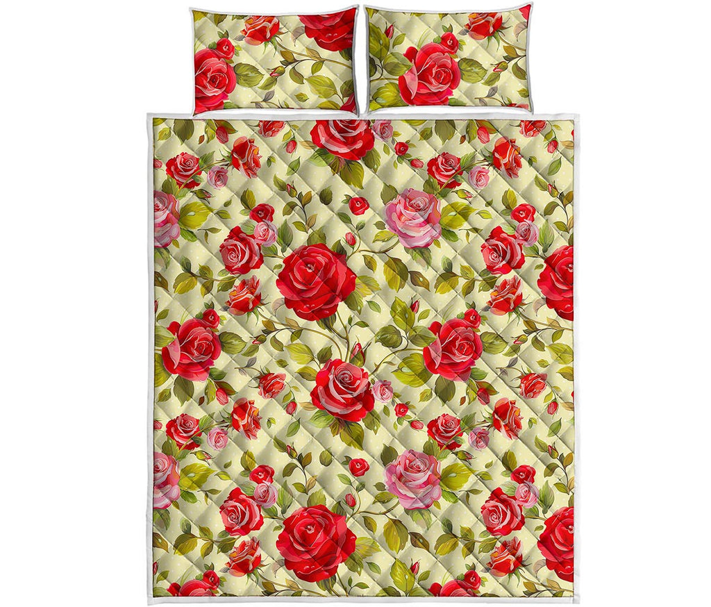 Red Pink Rose Floral Pattern Print Quilt Bed Set