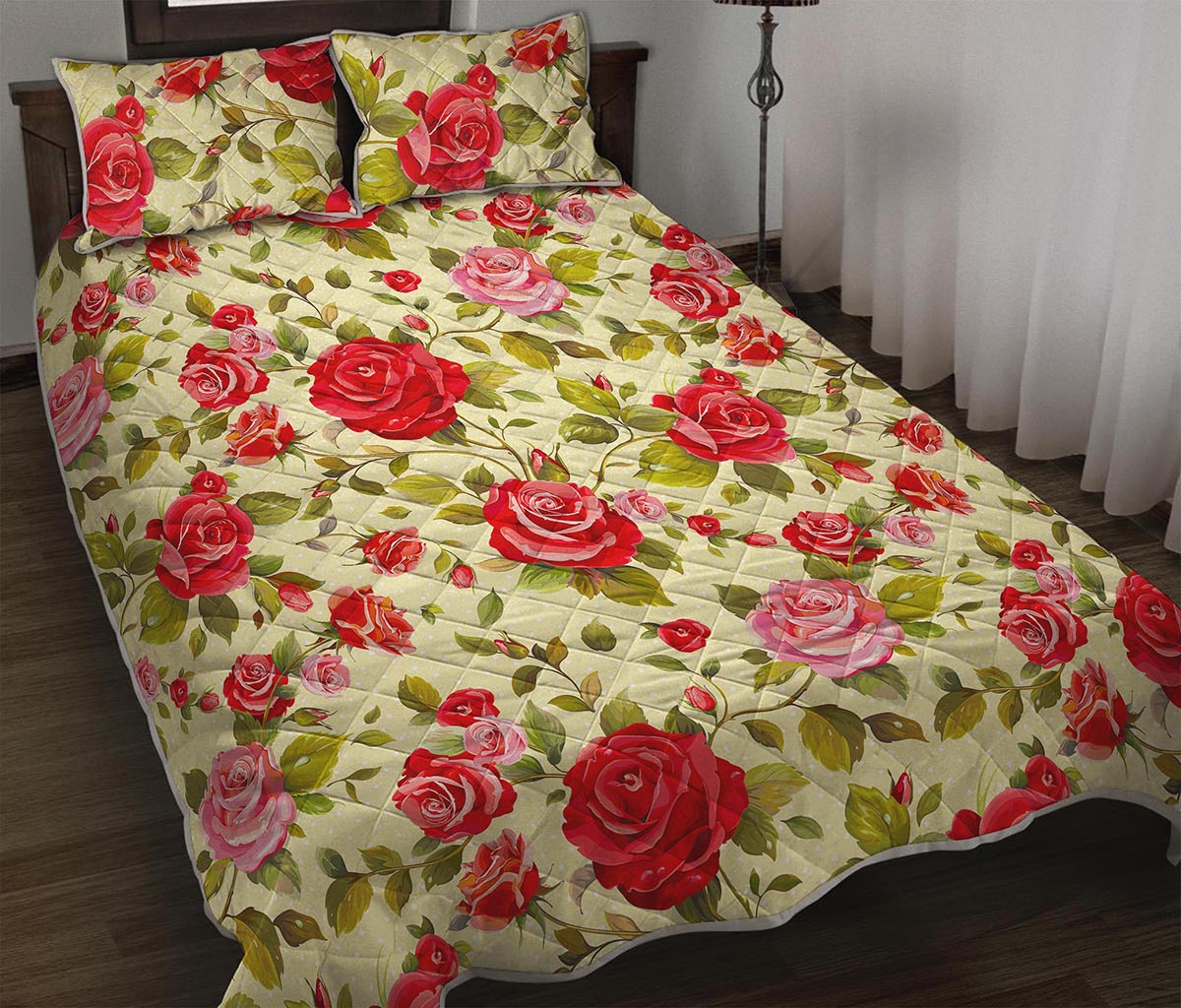 Red Pink Rose Floral Pattern Print Quilt Bed Set
