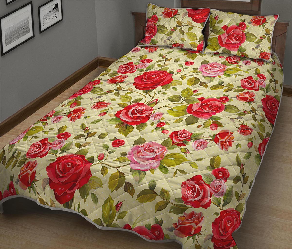 Red Pink Rose Floral Pattern Print Quilt Bed Set