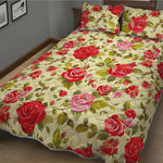 Red Pink Rose Floral Pattern Print Quilt Bed Set