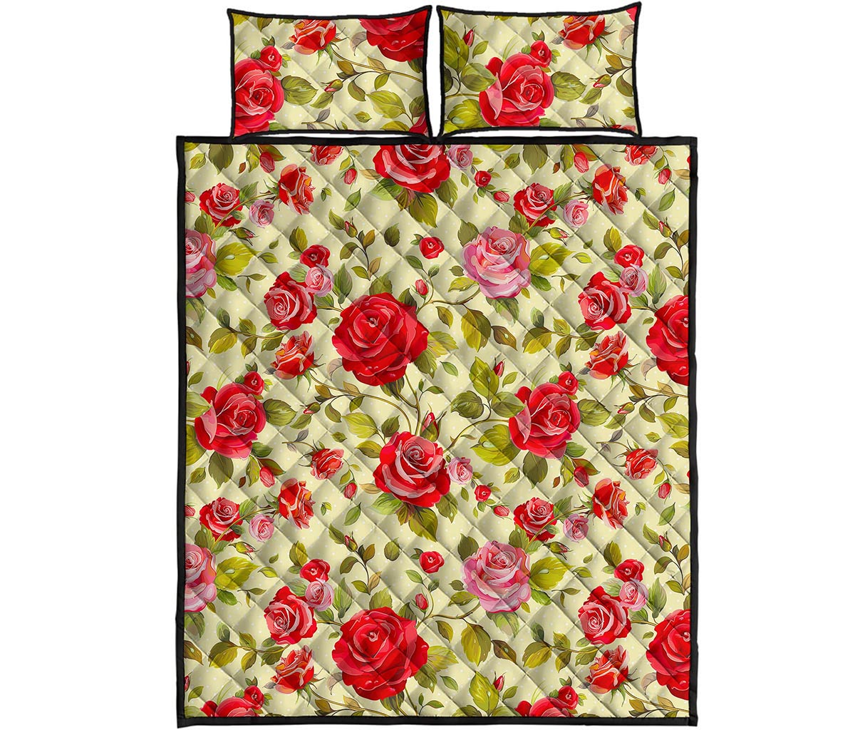 Red Pink Rose Floral Pattern Print Quilt Bed Set