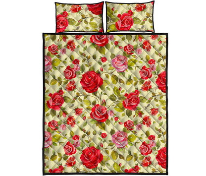 Red Pink Rose Floral Pattern Print Quilt Bed Set