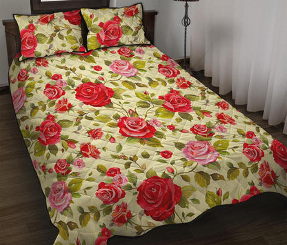 Red Pink Rose Floral Pattern Print Quilt Bed Set