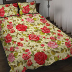 Red Pink Rose Floral Pattern Print Quilt Bed Set
