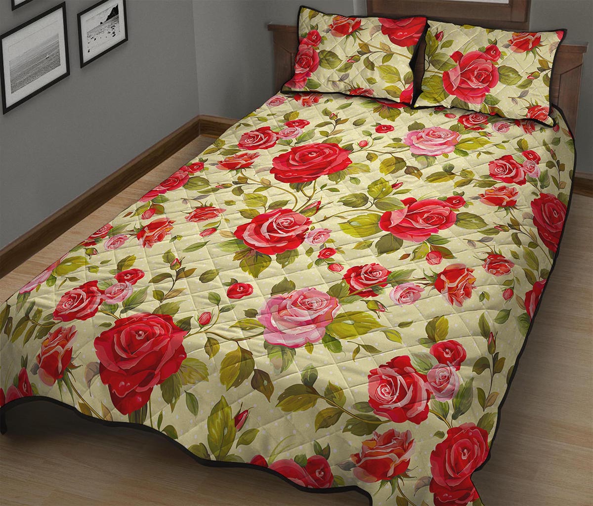 Red Pink Rose Floral Pattern Print Quilt Bed Set