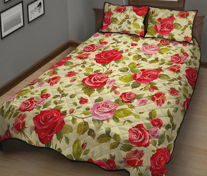 Red Pink Rose Floral Pattern Print Quilt Bed Set
