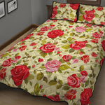 Red Pink Rose Floral Pattern Print Quilt Bed Set