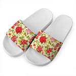 Red Pink Rose Floral Pattern Print White Slide Sandals