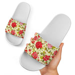 Red Pink Rose Floral Pattern Print White Slide Sandals