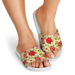 Red Pink Rose Floral Pattern Print White Slide Sandals