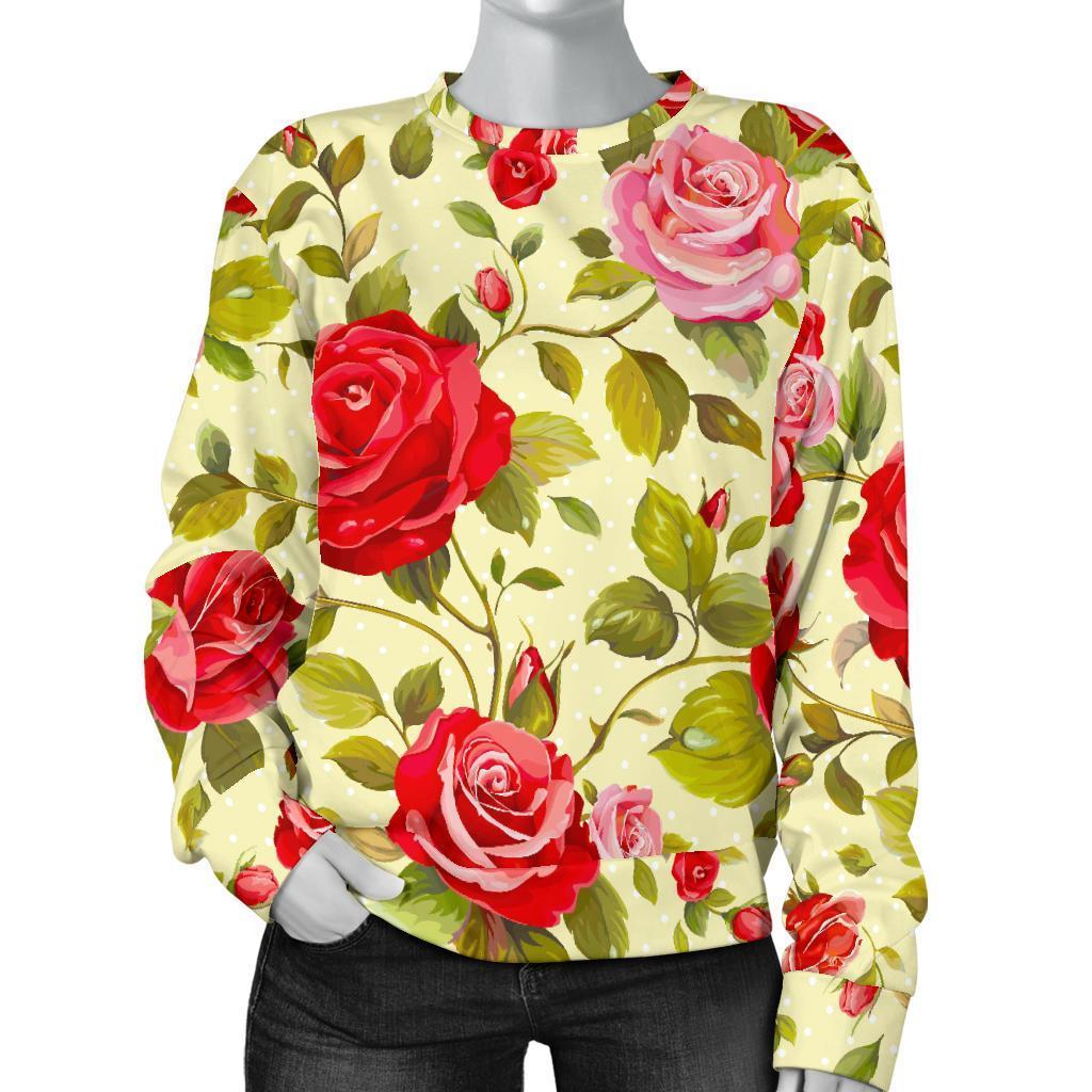 Red Pink Rose Floral Pattern Print Women's Crewneck Sweatshirt GearFrost