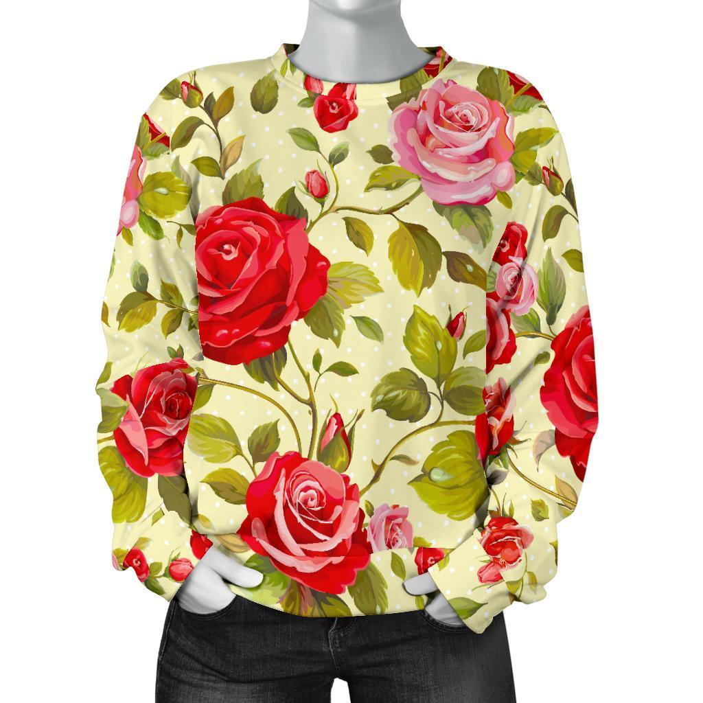 Red Pink Rose Floral Pattern Print Women's Crewneck Sweatshirt GearFrost
