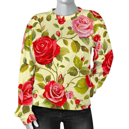 Red Pink Rose Floral Pattern Print Women's Crewneck Sweatshirt GearFrost