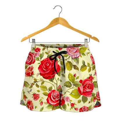 Red Pink Rose Floral Pattern Print Women's Shorts