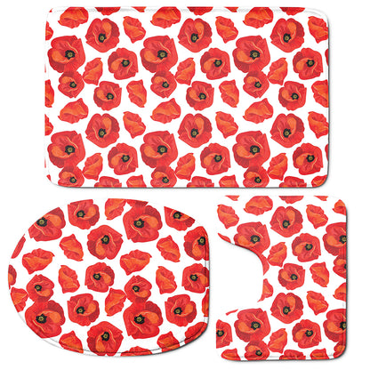Red Poppy Pattern Print 3 Piece Bath Mat Set