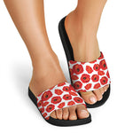 Red Poppy Pattern Print Black Slide Sandals