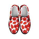 Red Poppy Pattern Print Black Slip On Shoes