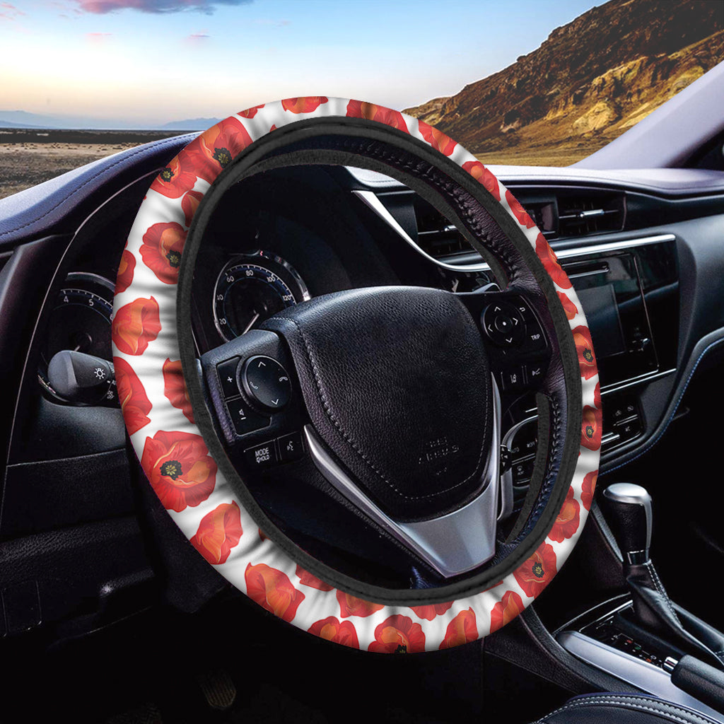Red Poppy Pattern Print Car Steering Wheel Cover