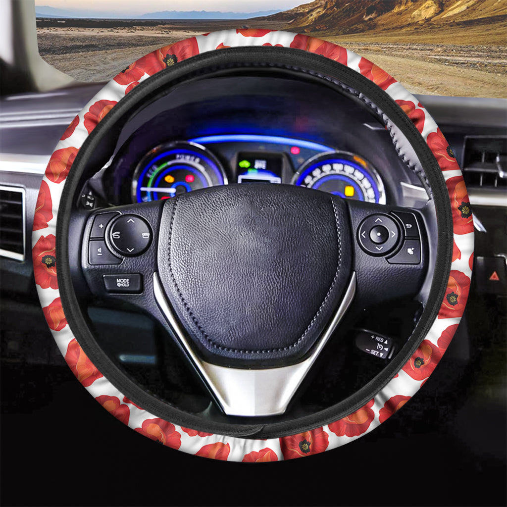 Red Poppy Pattern Print Car Steering Wheel Cover