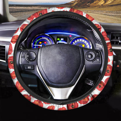 Red Poppy Pattern Print Car Steering Wheel Cover