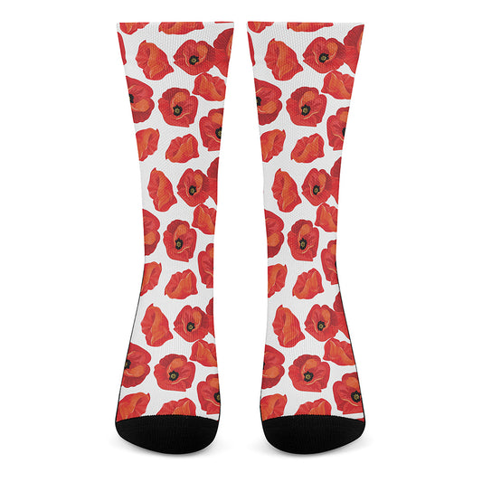 Red Poppy Pattern Print Crew Socks