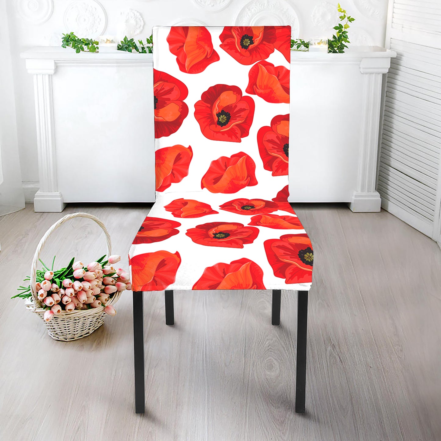 Red Poppy Pattern Print Dining Chair Slipcover
