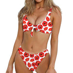 Red Poppy Pattern Print Front Bow Tie Bikini