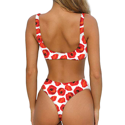 Red Poppy Pattern Print Front Bow Tie Bikini