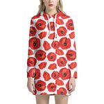 Red Poppy Pattern Print Hoodie Dress