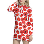 Red Poppy Pattern Print Hoodie Dress