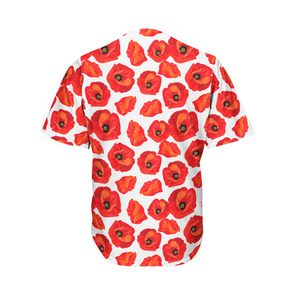 Red Poppy Pattern Print Men's Baseball Jersey