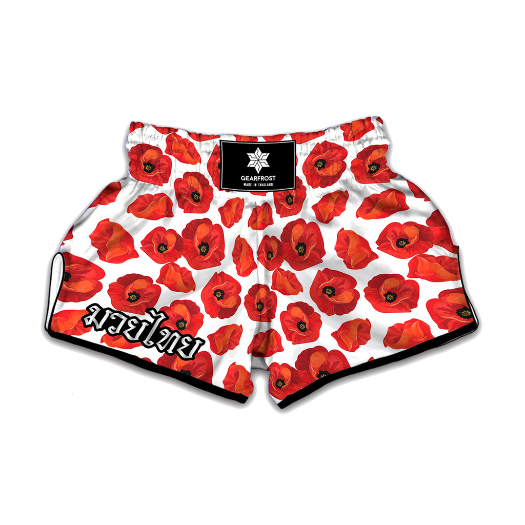 Red Poppy Pattern Print Muay Thai Boxing Shorts