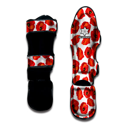 Red Poppy Pattern Print Muay Thai Shin Guard